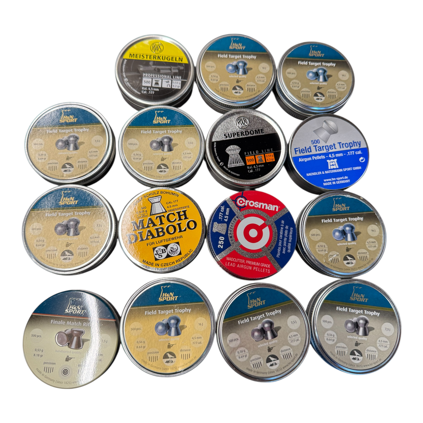 15 Assorted Empty Pellet Tins (650)(Consignment)